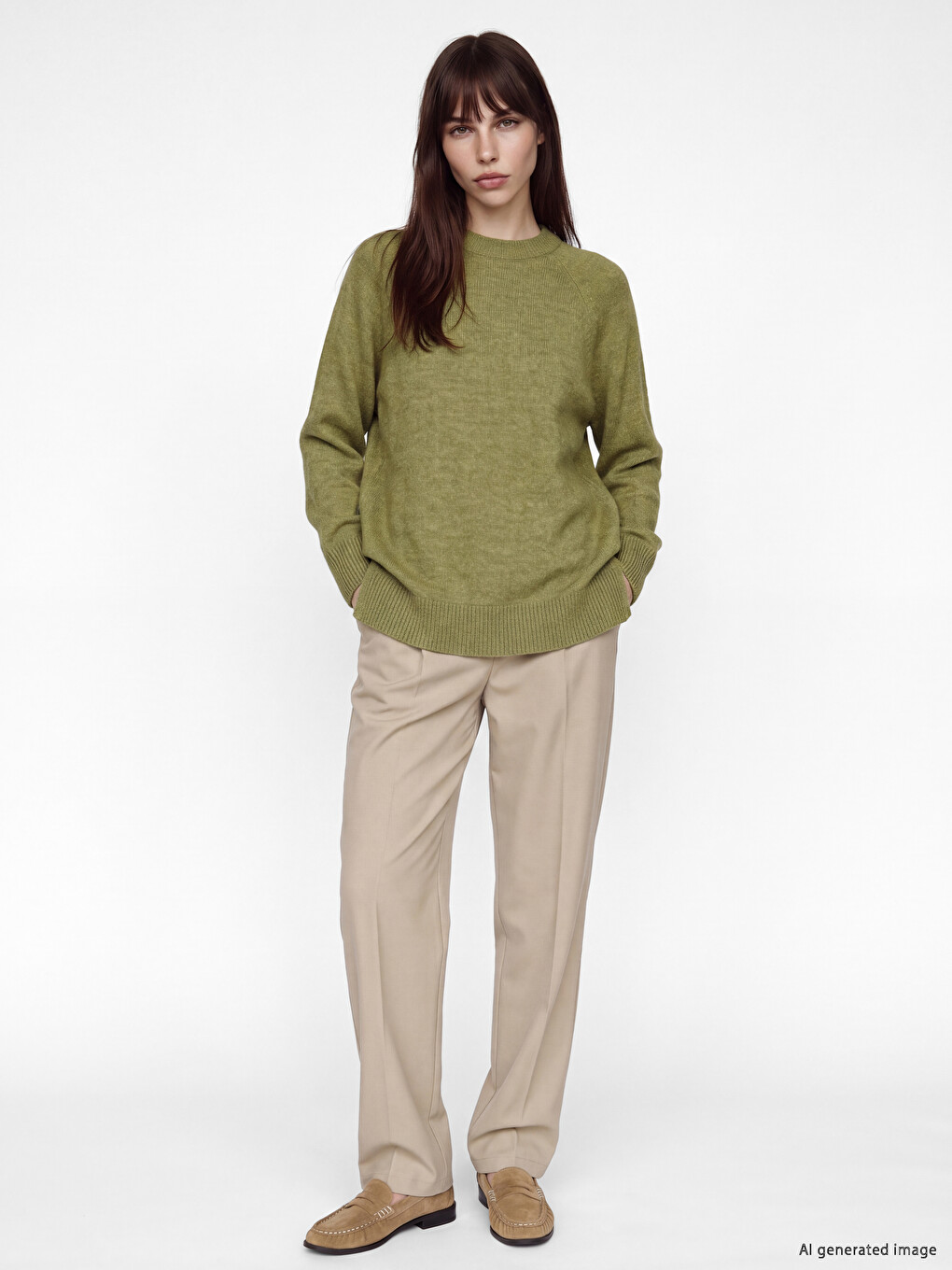 Yeşil Bisiklet Yaka Oversize Kadın Triko Tunik-1