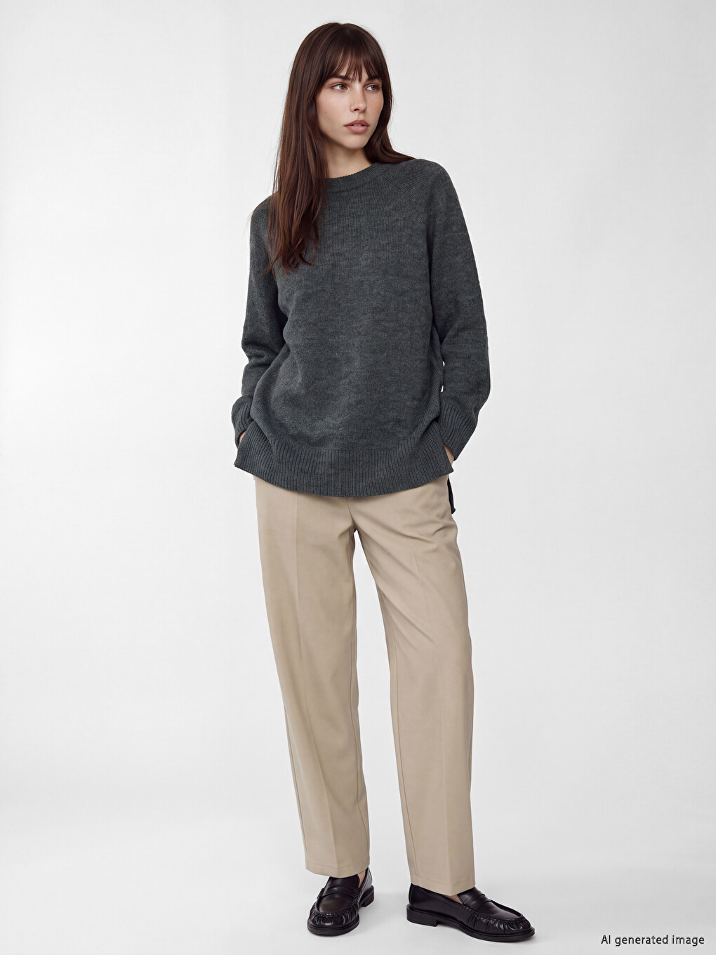 Gri Bisiklet Yaka Oversize Kadın Triko Tunik-1
