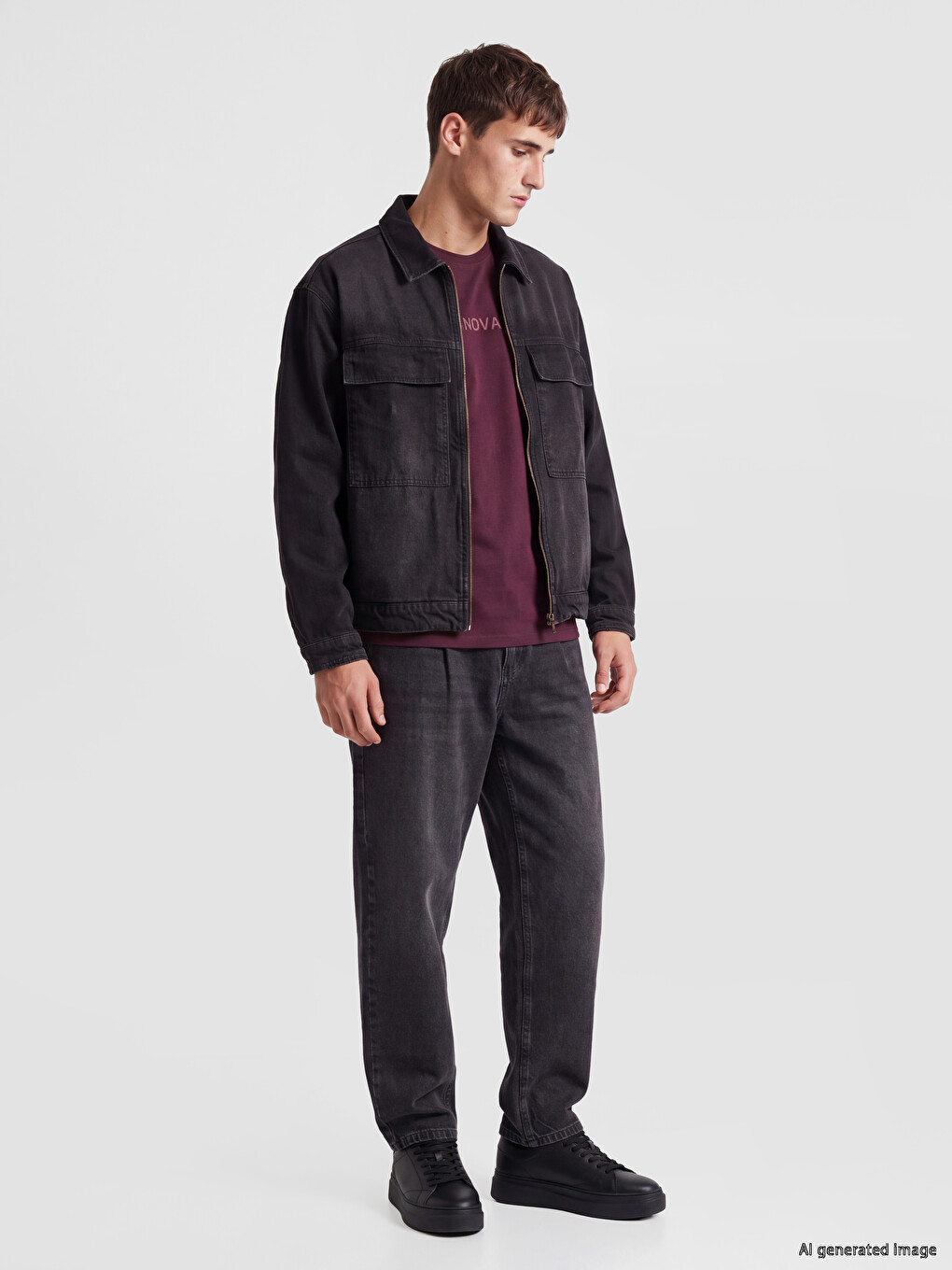 Siyah Loose Fit Erkek Jean Ceket-1