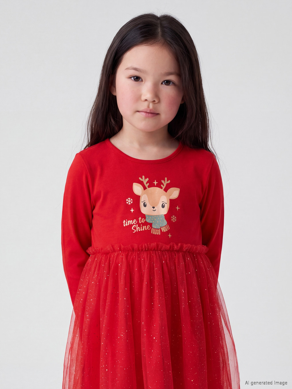 Crew Neck Printed Tulle Detailed Girls' Dress-1