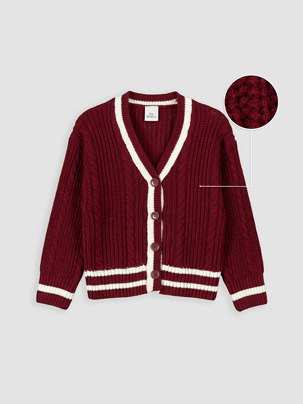 Bordo V Yaka Çizgili Kız Çocuk Triko Hırka