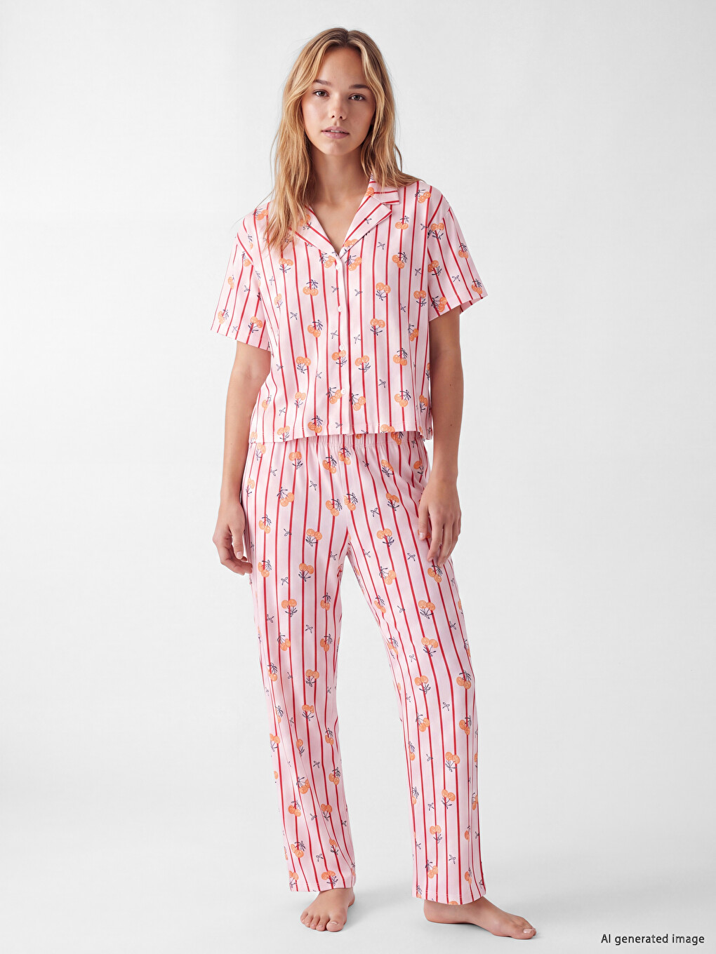 Pembe Gömlek Yaka Çizgili Kadın Pijama Takımı