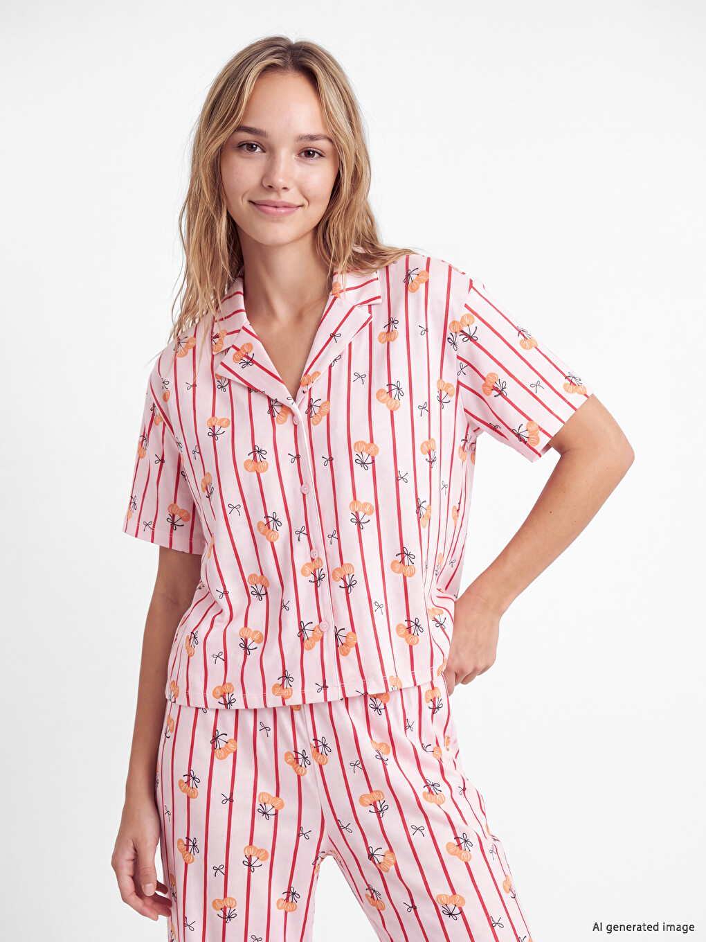 Pembe Gömlek Yaka Çizgili Kadın Pijama Takımı-1