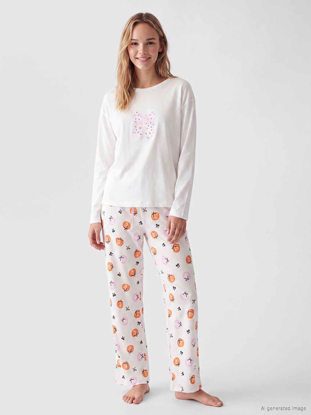 Ekru Bisiklet Yaka Baskılı Kadın Pijama Takımı-1