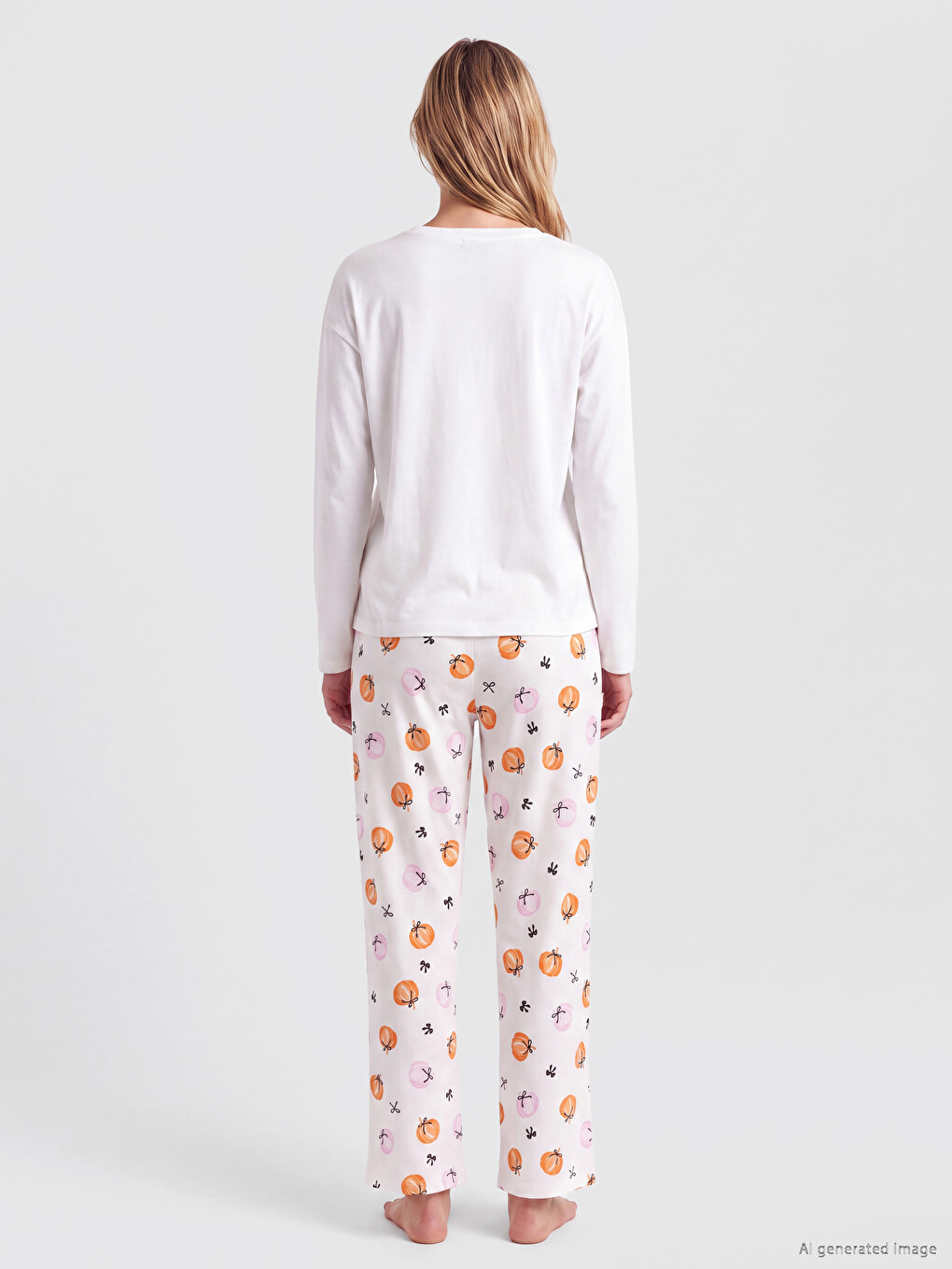 Ekru Bisiklet Yaka Baskılı Kadın Pijama Takımı-3