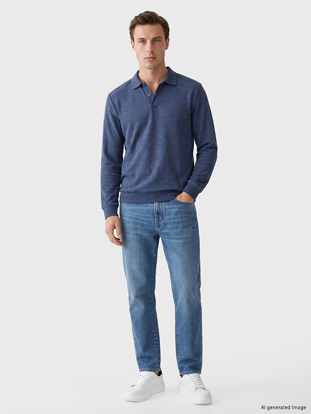 İndigo Polo Yaka Erkek Sweatshirt-1