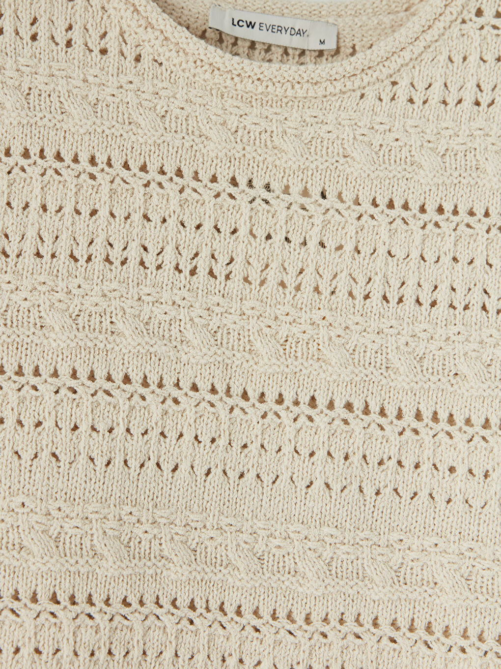 Ekru Bisiklet Yaka Ajurlu Kadın Triko Kazak-5