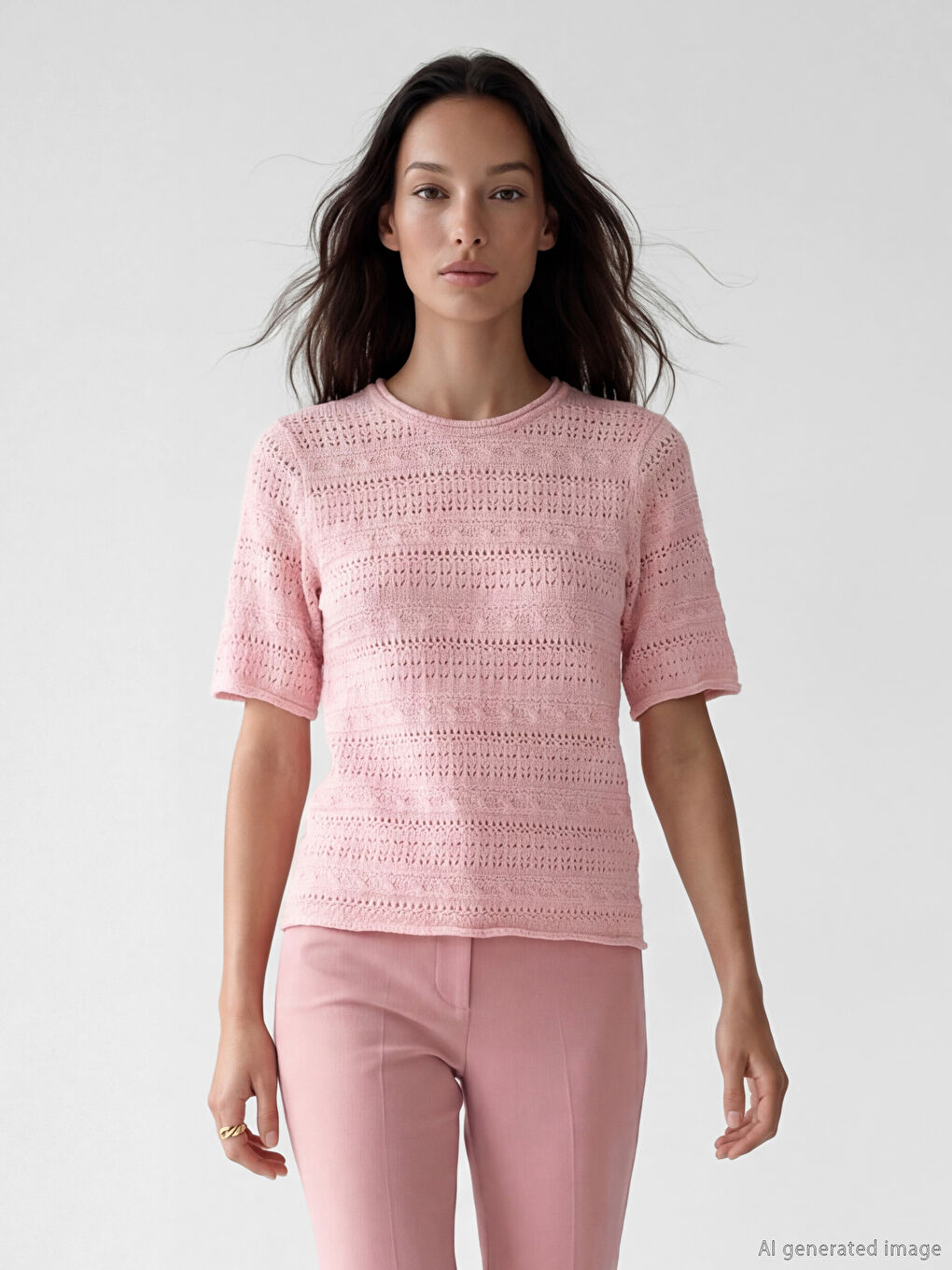 Pembe Bisiklet Yaka Ajurlu Kadın Triko Kazak