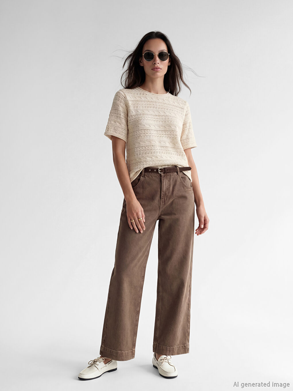 Ekru Bisiklet Yaka Ajurlu Kadın Triko Kazak-1