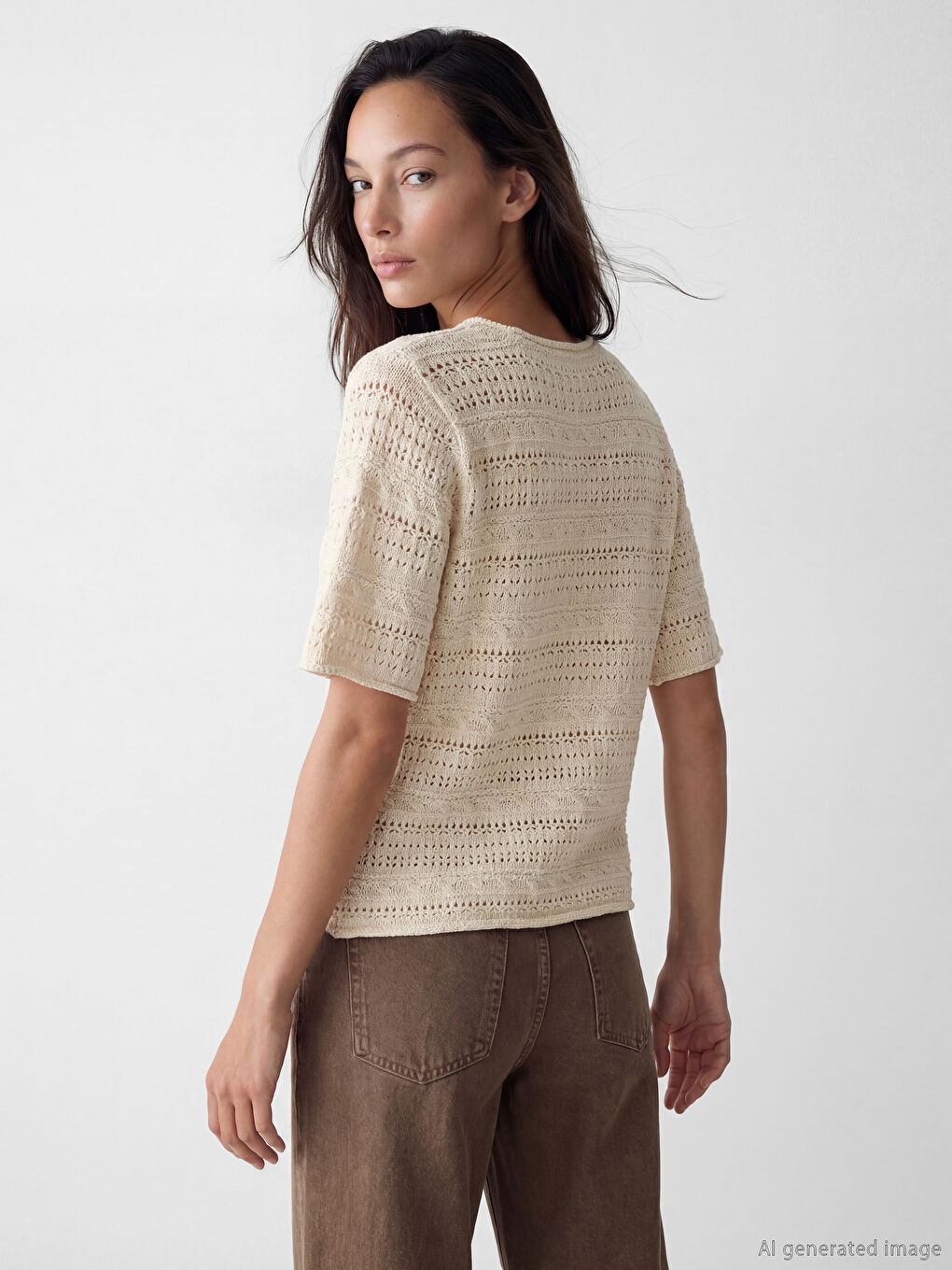 Ekru Bisiklet Yaka Ajurlu Kadın Triko Kazak-2