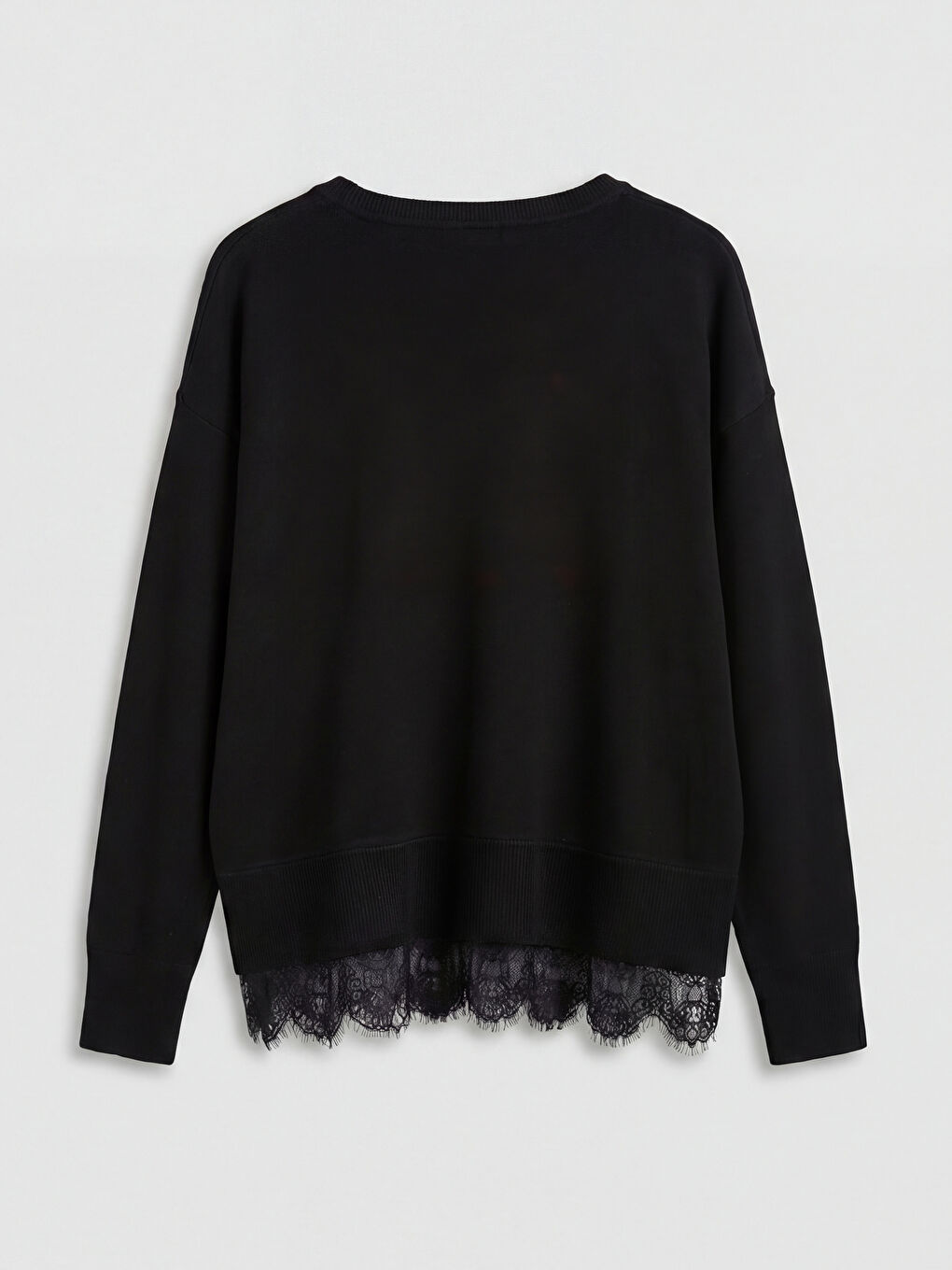 Siyah Bisiklet Yaka Dantel Detaylı Kadın Triko Kazak-5