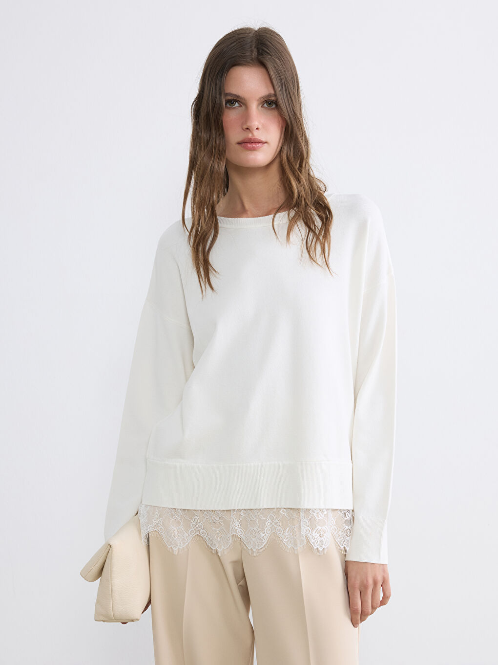 Beyaz Bisiklet Yaka Dantel Detaylı Kadın Triko Kazak