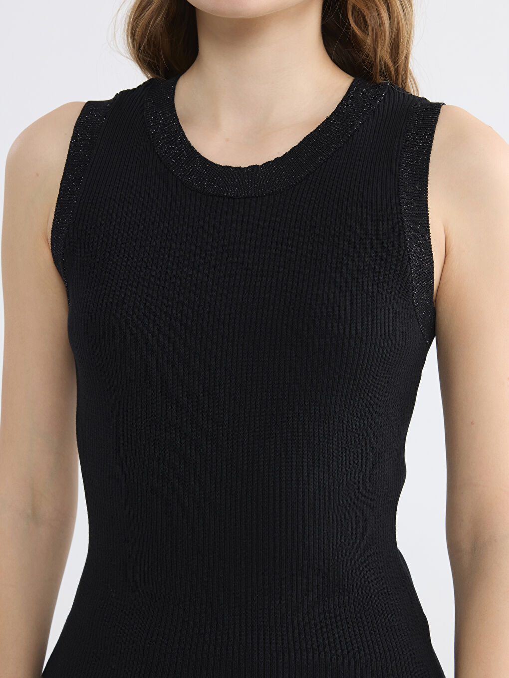 Siyah Bisiklet Yaka Fitilli Kadın Triko Kazak-1