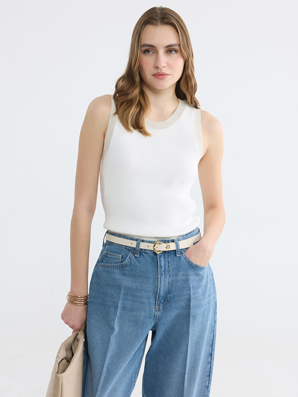 Ekru Bisiklet Yaka Fitilli Kadın Triko Kazak