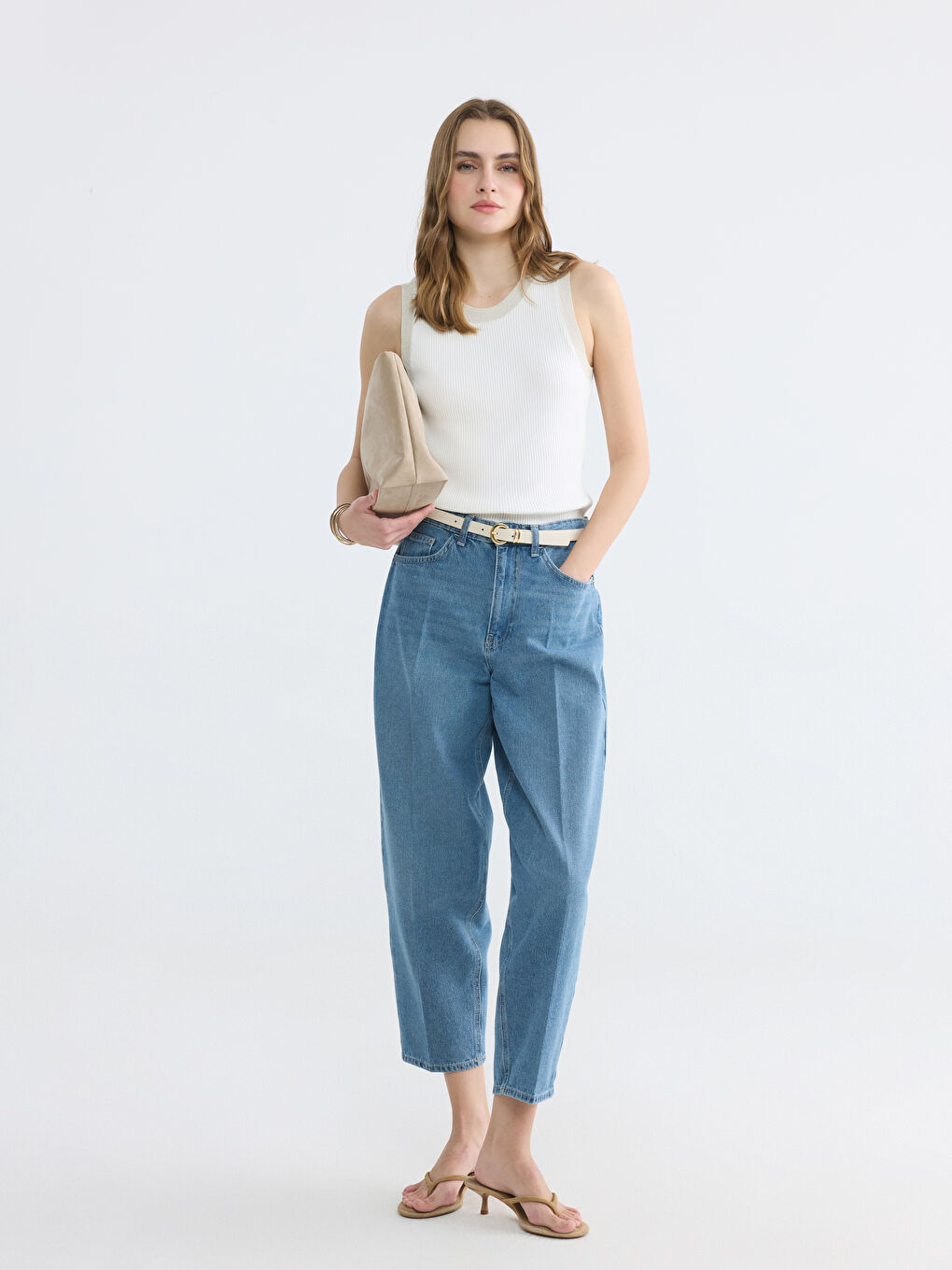 Ekru Bisiklet Yaka Fitilli Kadın Triko Kazak-1