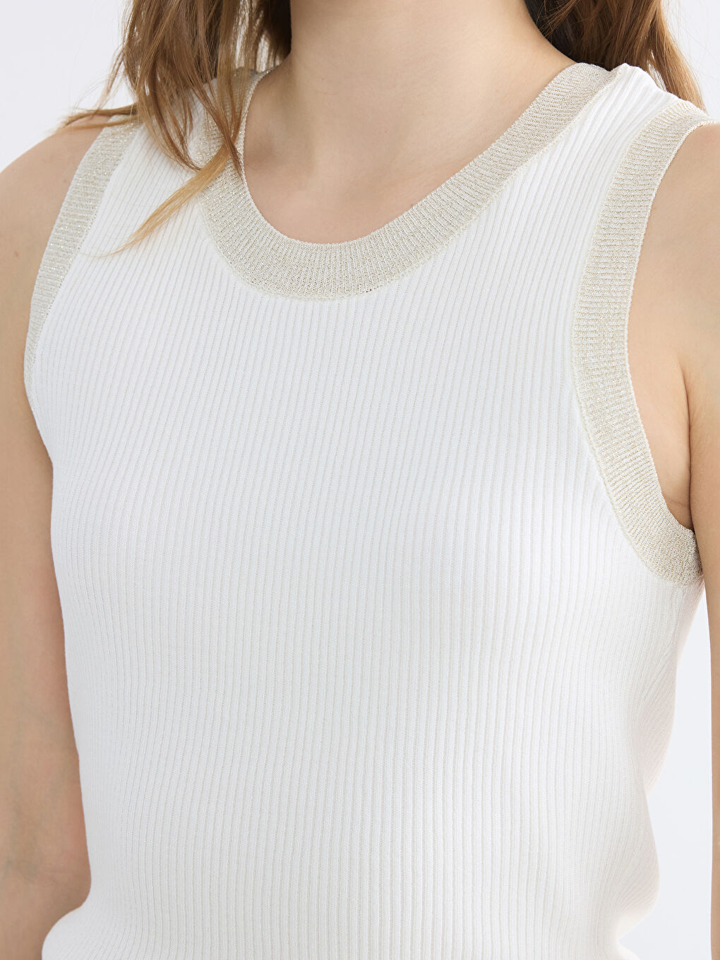 Ekru Bisiklet Yaka Fitilli Kadın Triko Kazak-2