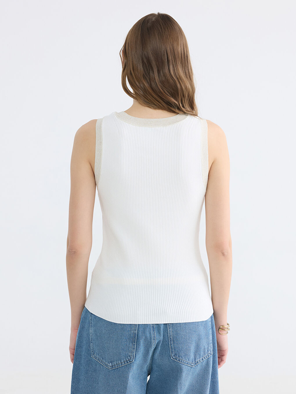 Ekru Bisiklet Yaka Fitilli Kadın Triko Kazak-3