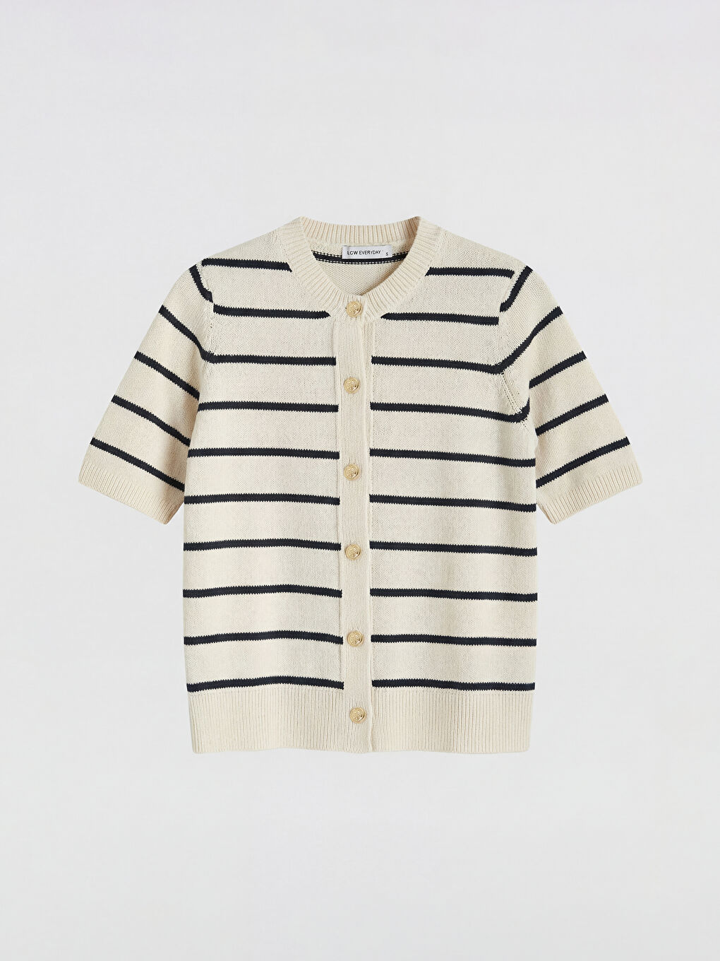 Ekru Bisiklet Yaka Çizgili Kadın Triko Hırka-4