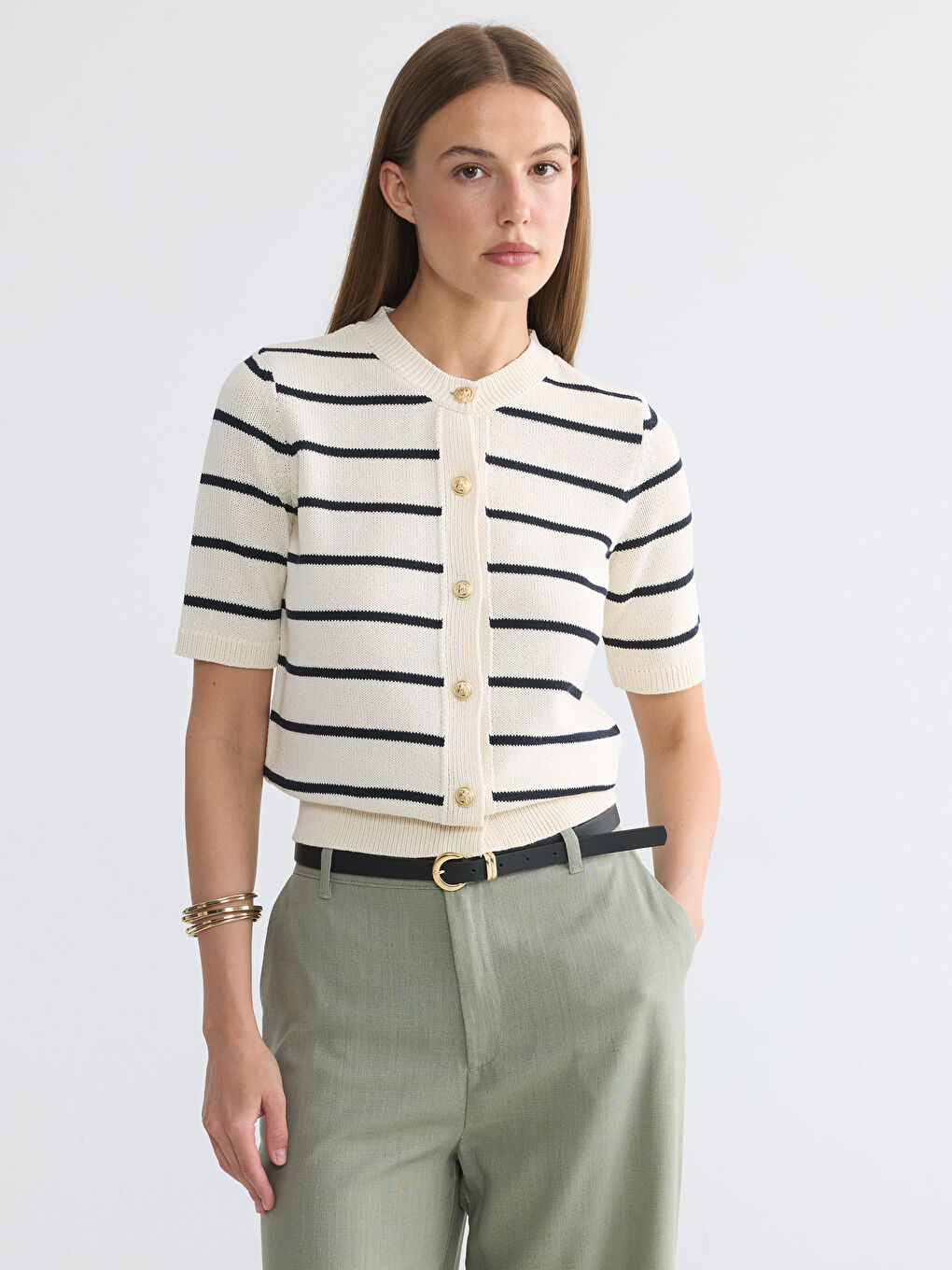 Ekru Bisiklet Yaka Çizgili Kadın Triko Hırka