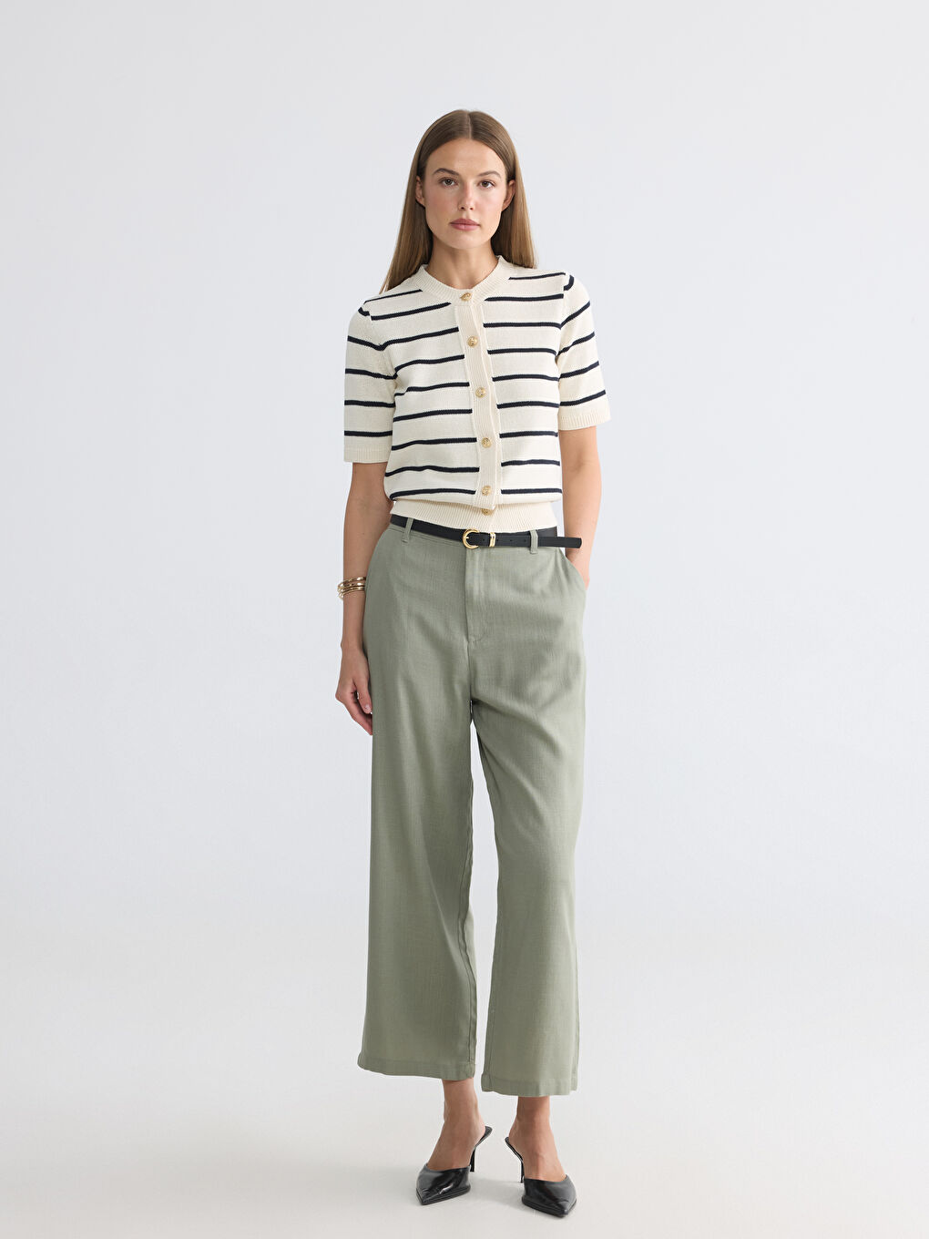 Ekru Bisiklet Yaka Çizgili Kadın Triko Hırka-1