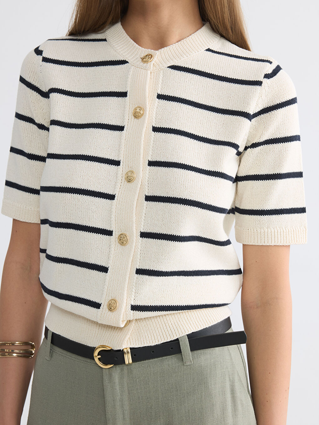 Ekru Bisiklet Yaka Çizgili Kadın Triko Hırka-2