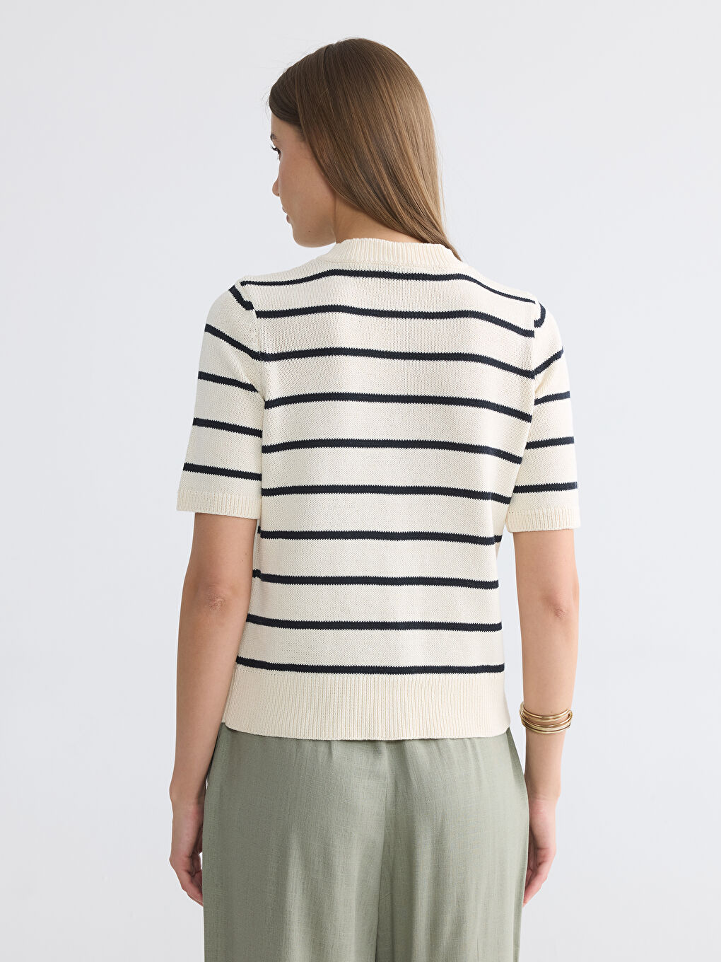 Ekru Bisiklet Yaka Çizgili Kadın Triko Hırka-3