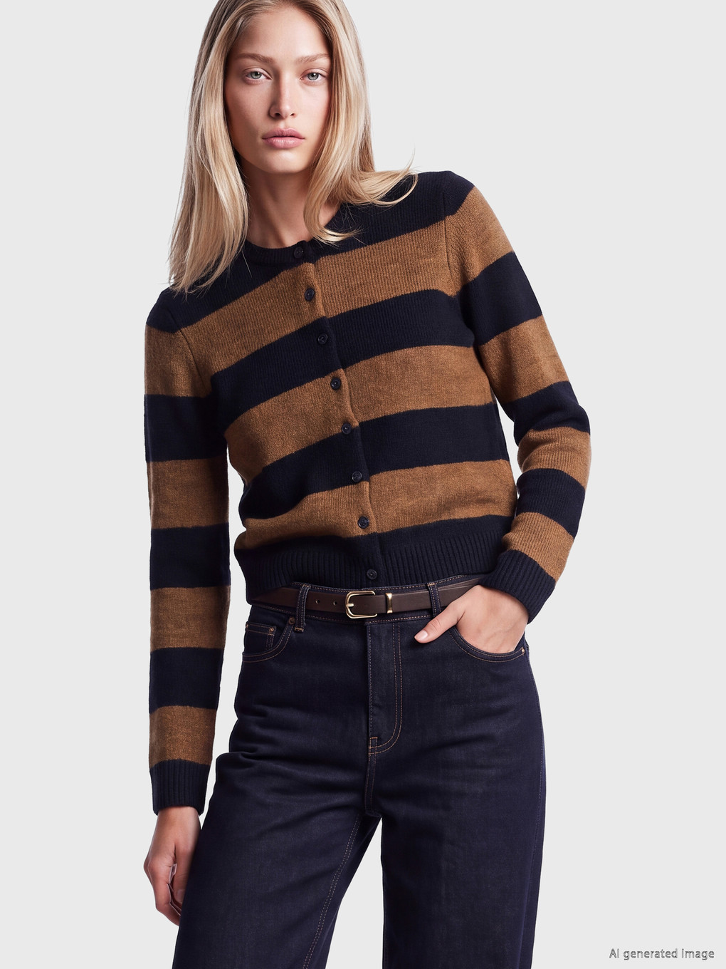 Crew Neck Striped Women's Knitwear Cardigan