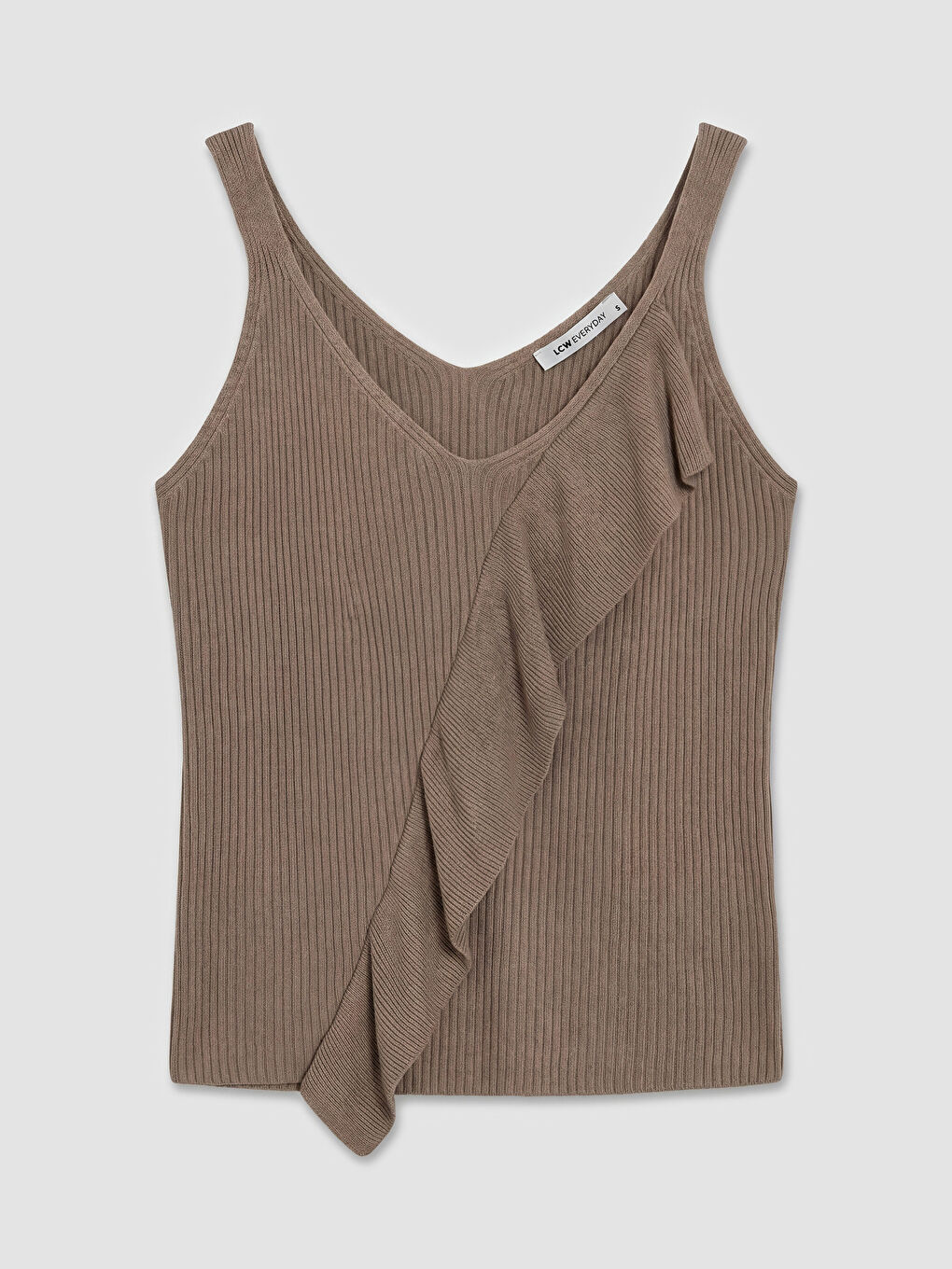 Kahverengi V Yaka Fırfır Detaylı Fitilli Kadın Triko Atlet