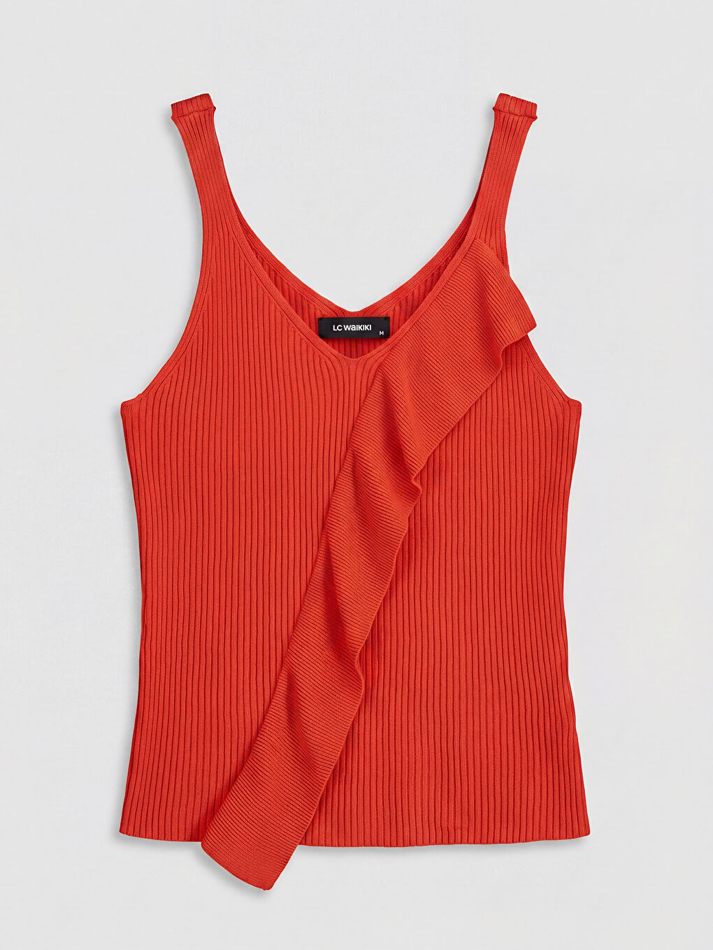 Kırmızı V Yaka Fitilli Fırfırlı Kadın Triko Atlet