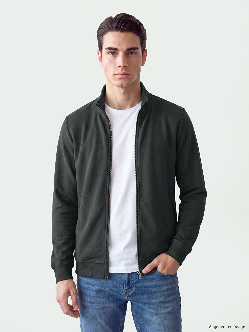 Haki Dik Yaka Erkek Fermuarlı Sweatshirt