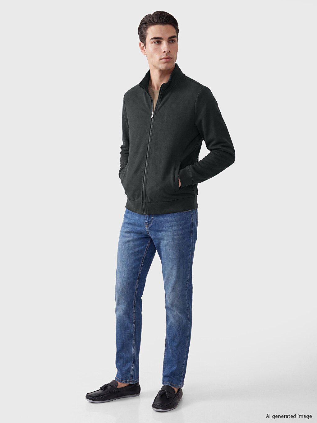 Haki Dik Yaka Erkek Fermuarlı Sweatshirt-1