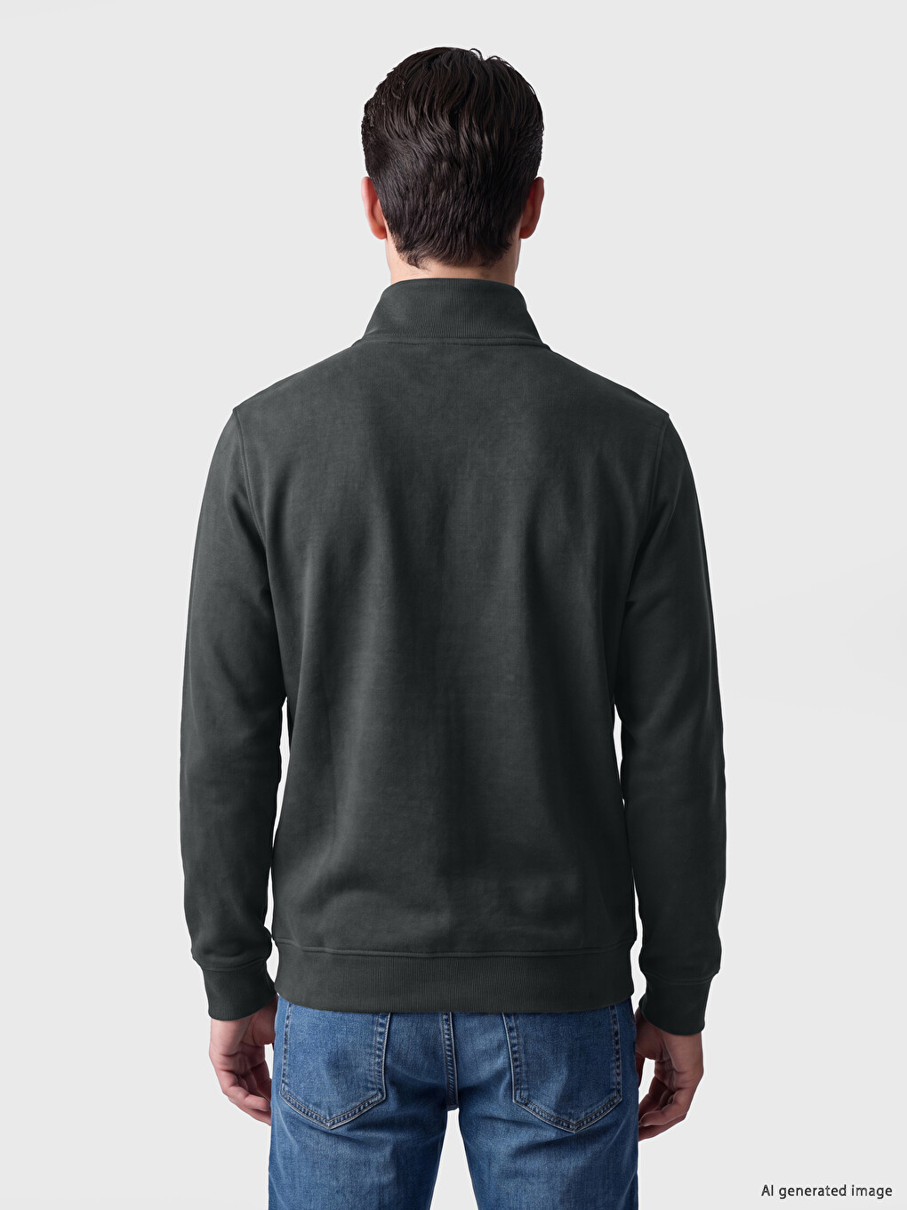 Haki Dik Yaka Erkek Fermuarlı Sweatshirt-2