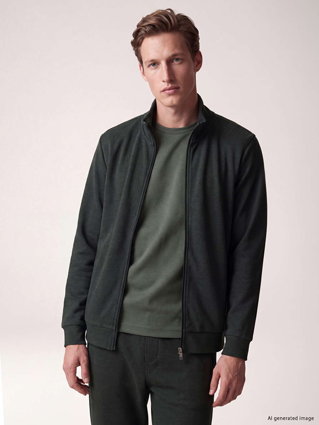 Haki Dik Yaka Erkek Fermuarlı Sweatshirt