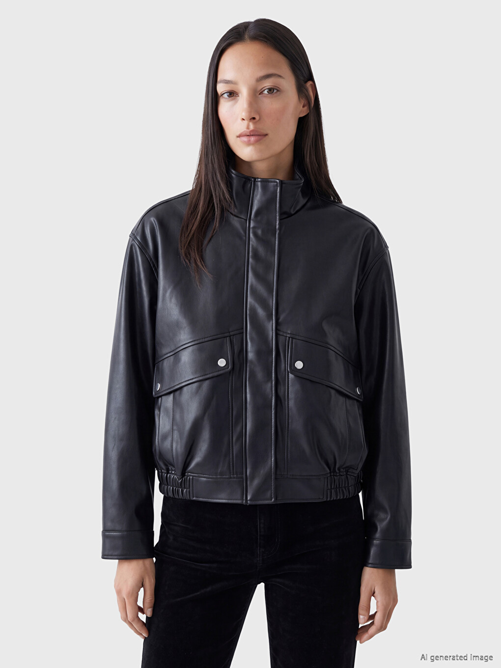 Frau Schwarz Kunstlederjacke