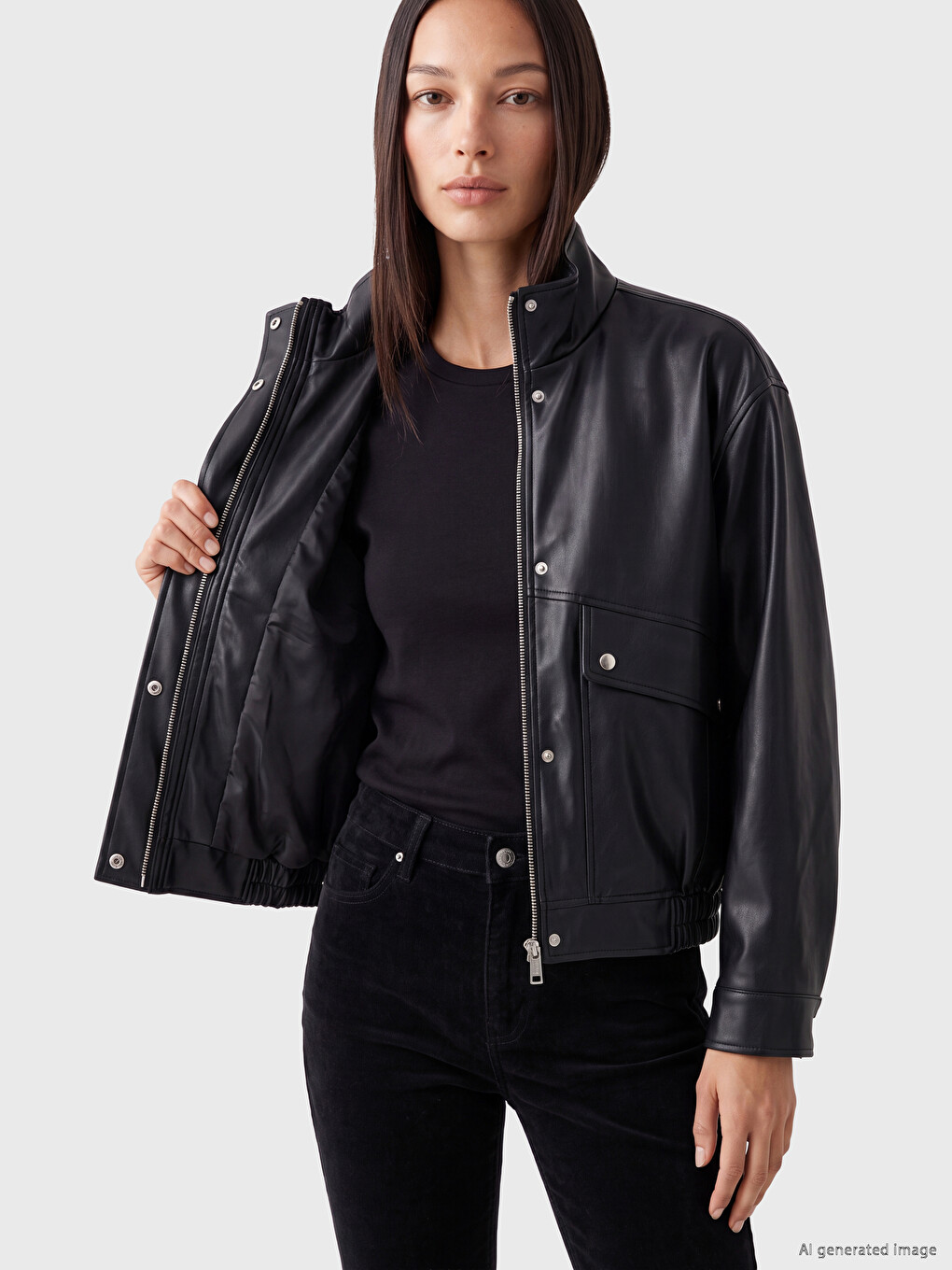 Frau Schwarz Kunstlederjacke-3
