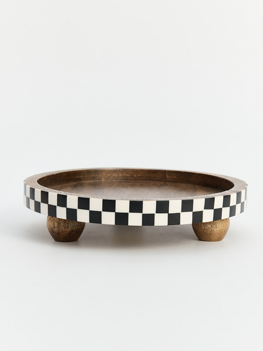 Checker Patterned Round Wooden Footed Serving Stand-1