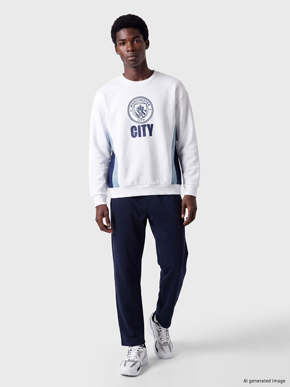 Beyaz Bisiklet Yaka Manchester City Baskılı Erkek Sweatshirt-1