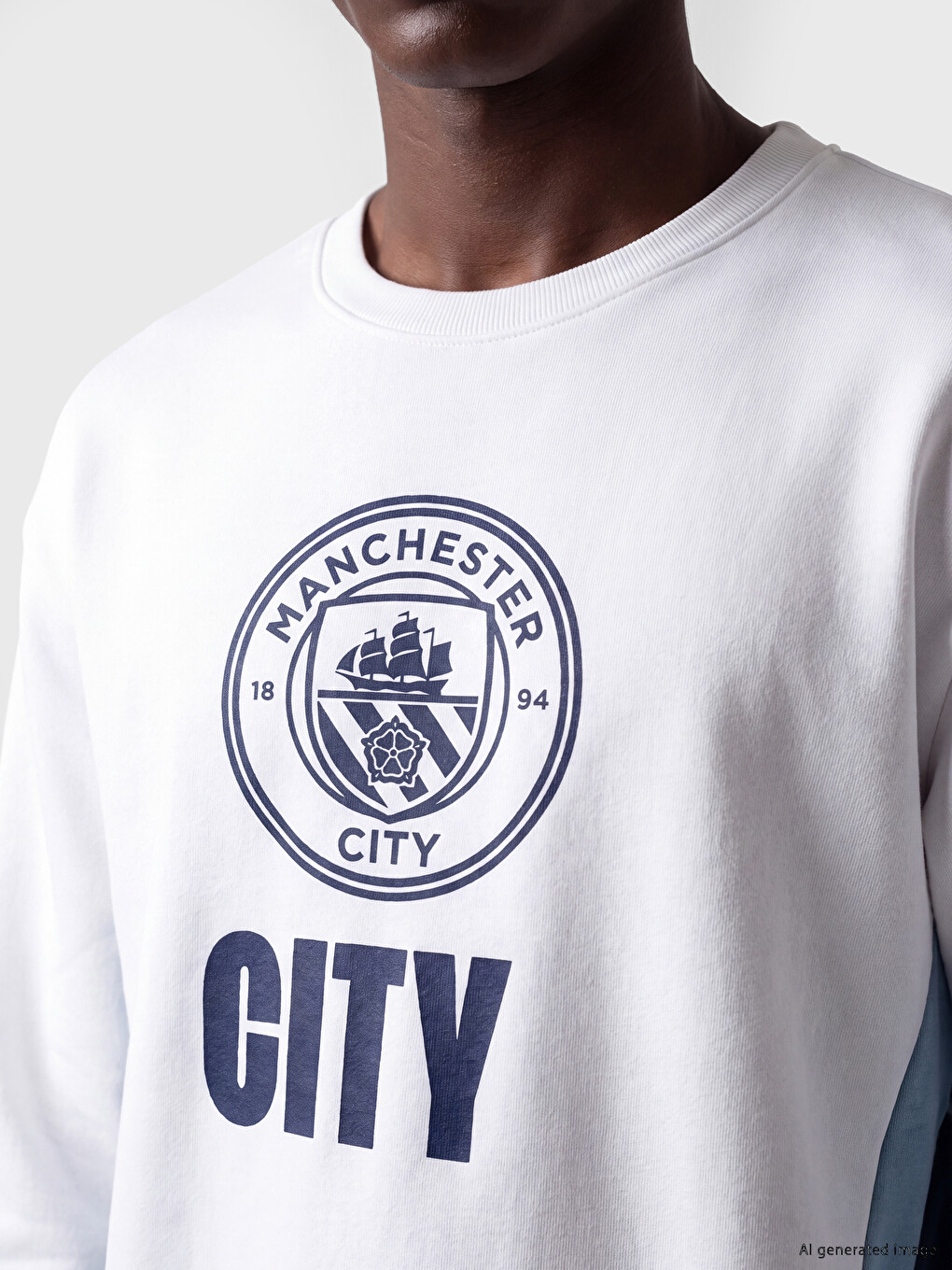 Beyaz Bisiklet Yaka Manchester City Baskılı Erkek Sweatshirt-2