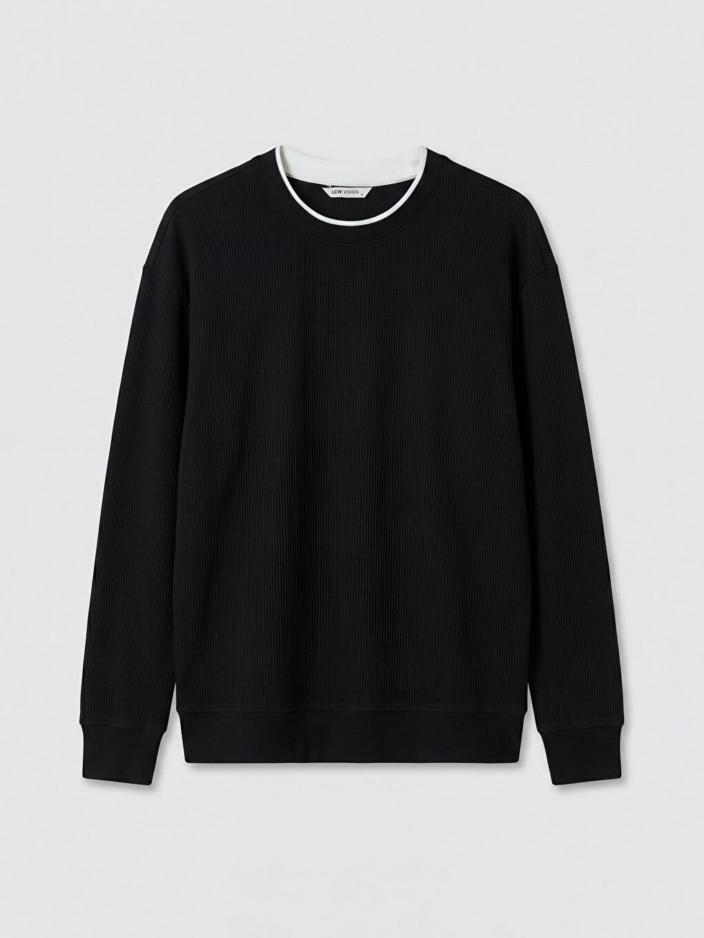 Siyah Bisiklet Yaka Fitilli Erkek Sweatshirt-4