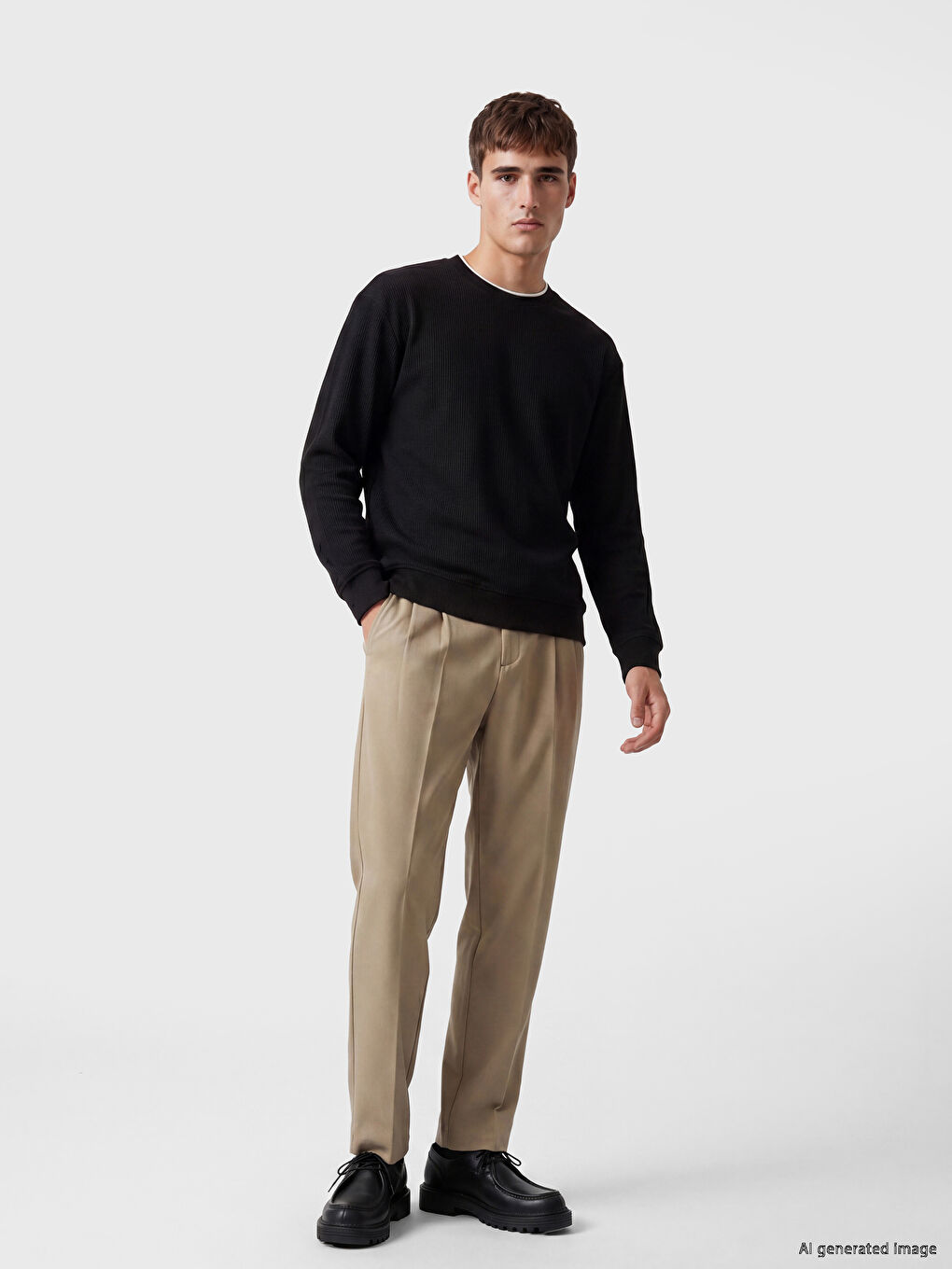 Siyah Bisiklet Yaka Fitilli Erkek Sweatshirt-1