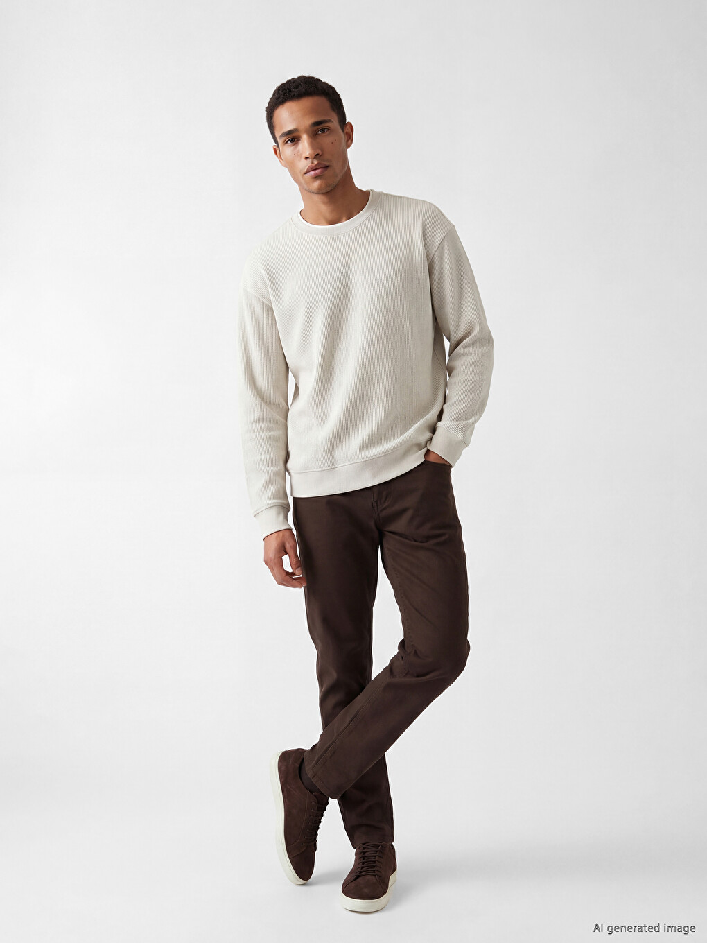 Bej Bisiklet Yaka Fitilli Erkek Sweatshirt-1