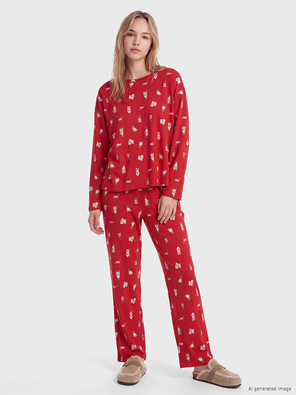Kırmızı Baskılı Kadın Pijama Takımı