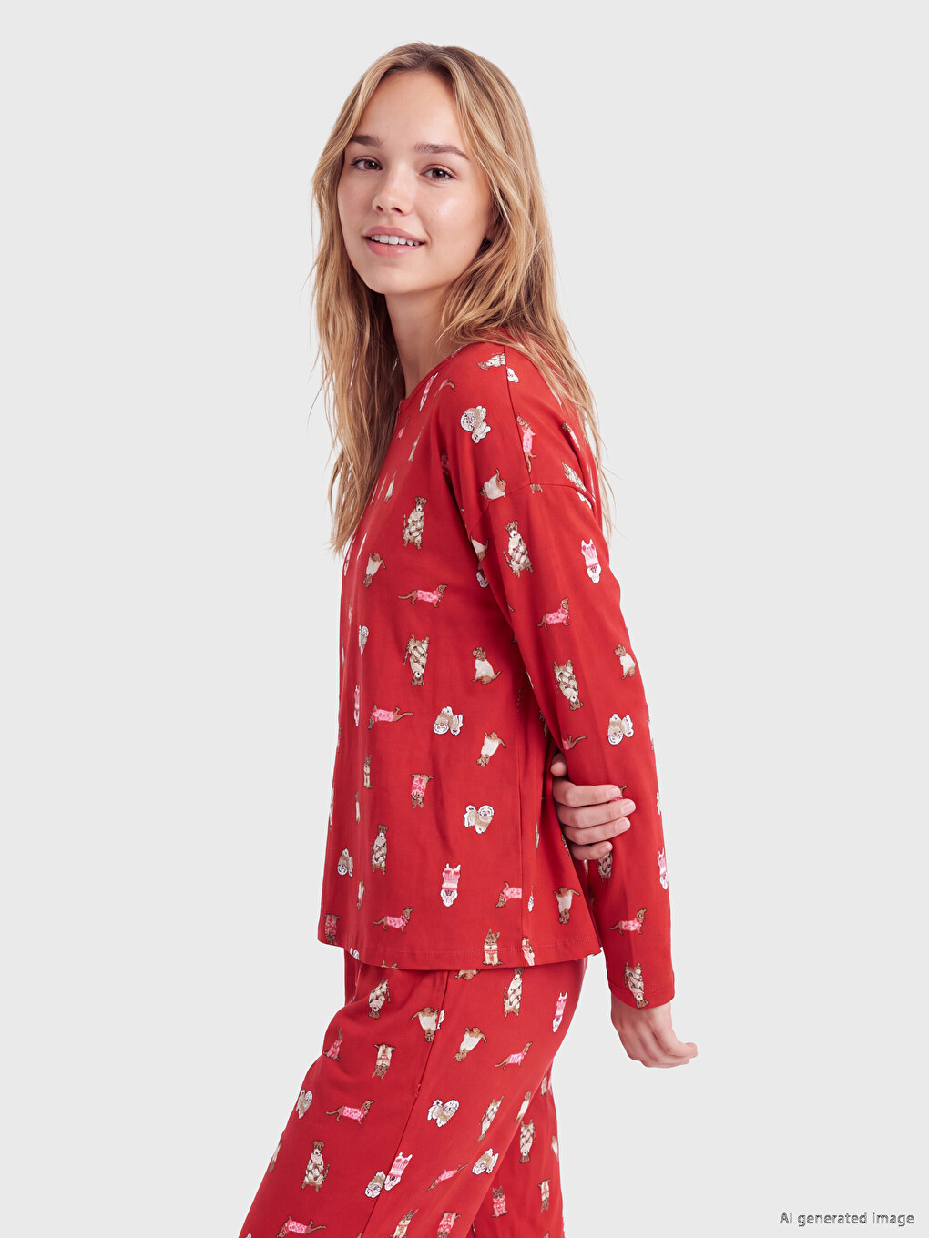 Kırmızı Baskılı Kadın Pijama Takımı-1