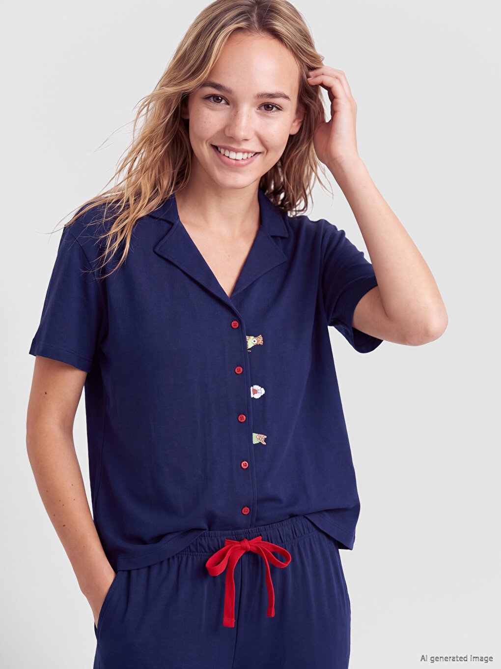 Lacivert Gömlek Yaka Kadın Pijama Takım-1