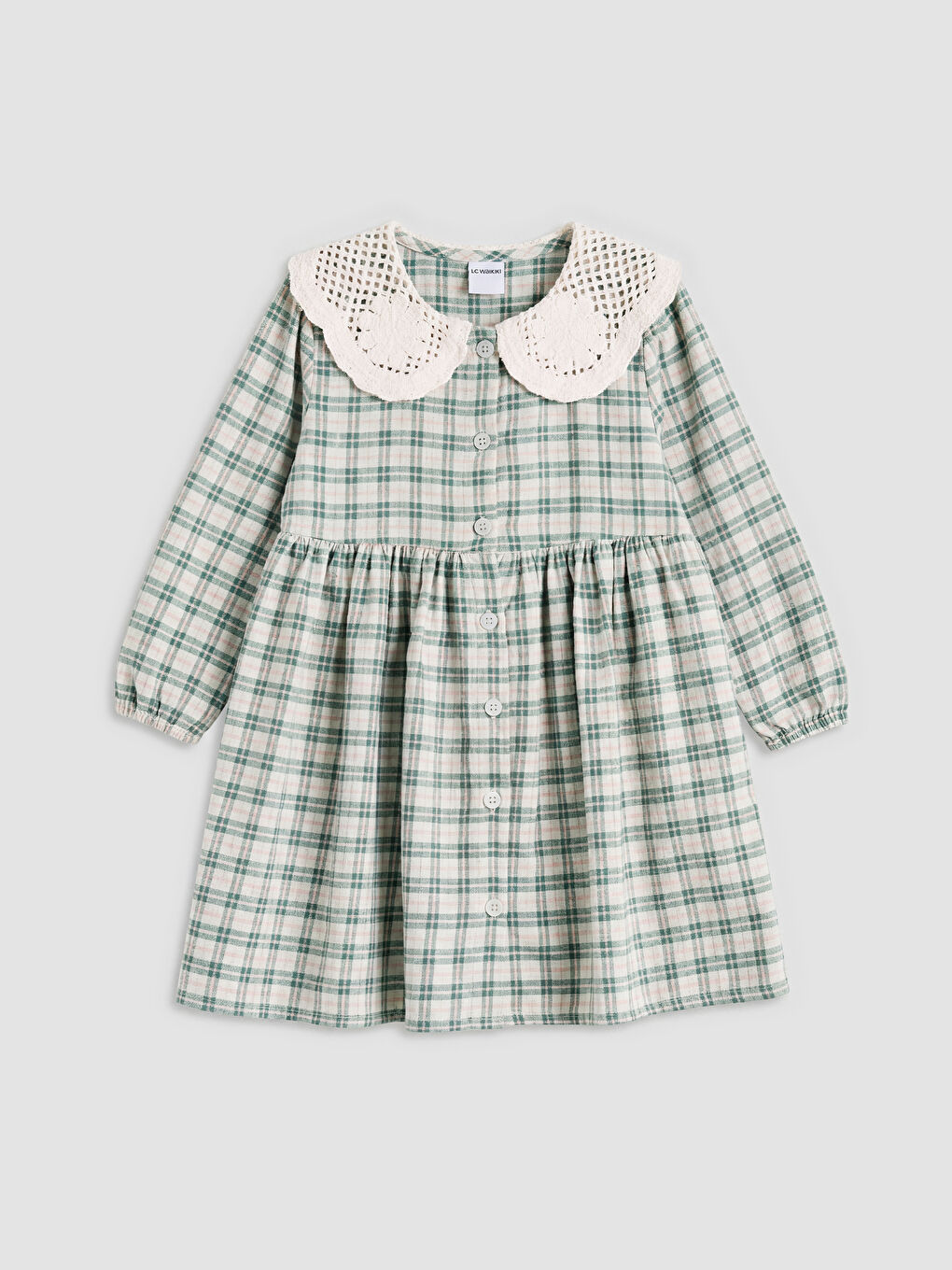 Yeşil Bebe Yaka Ekose Kız Çocuk Elbise