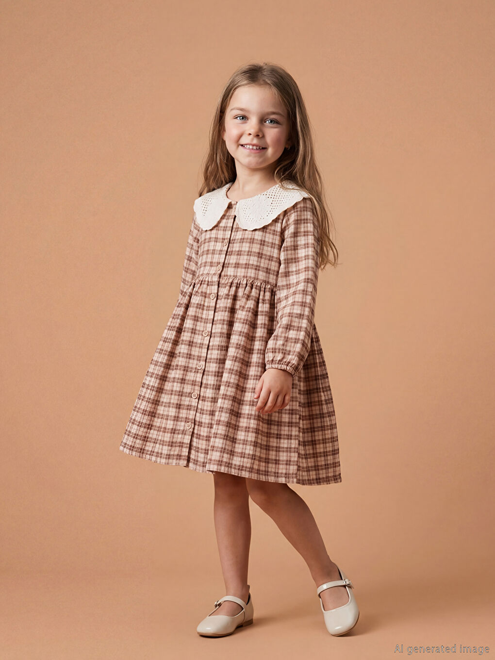 Bej Bebe Yaka Ekose Kız Çocuk Elbise