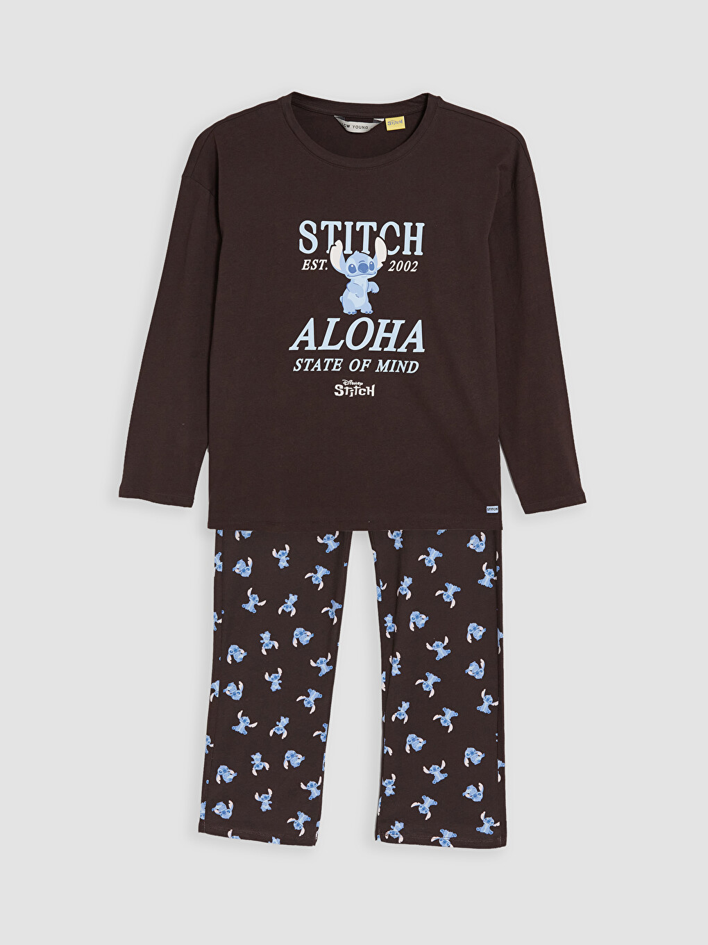 Kahverengi Stitch Baskılı Kadın Pijama Takım-4