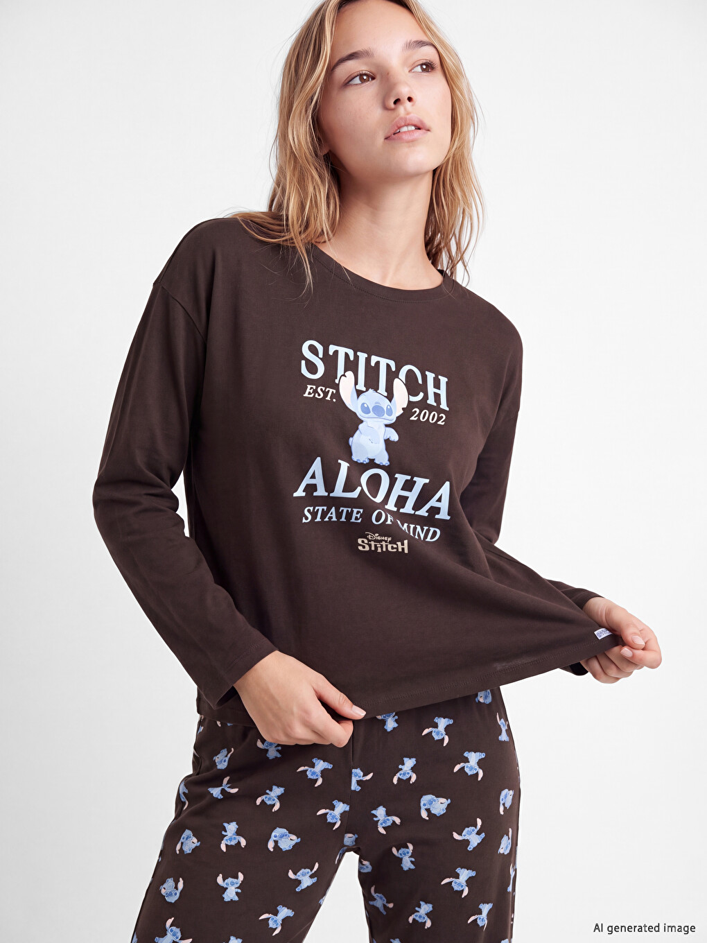 Kahverengi Stitch Baskılı Kadın Pijama Takım-1