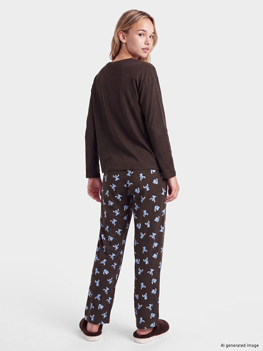 Kahverengi Stitch Baskılı Kadın Pijama Takım-3