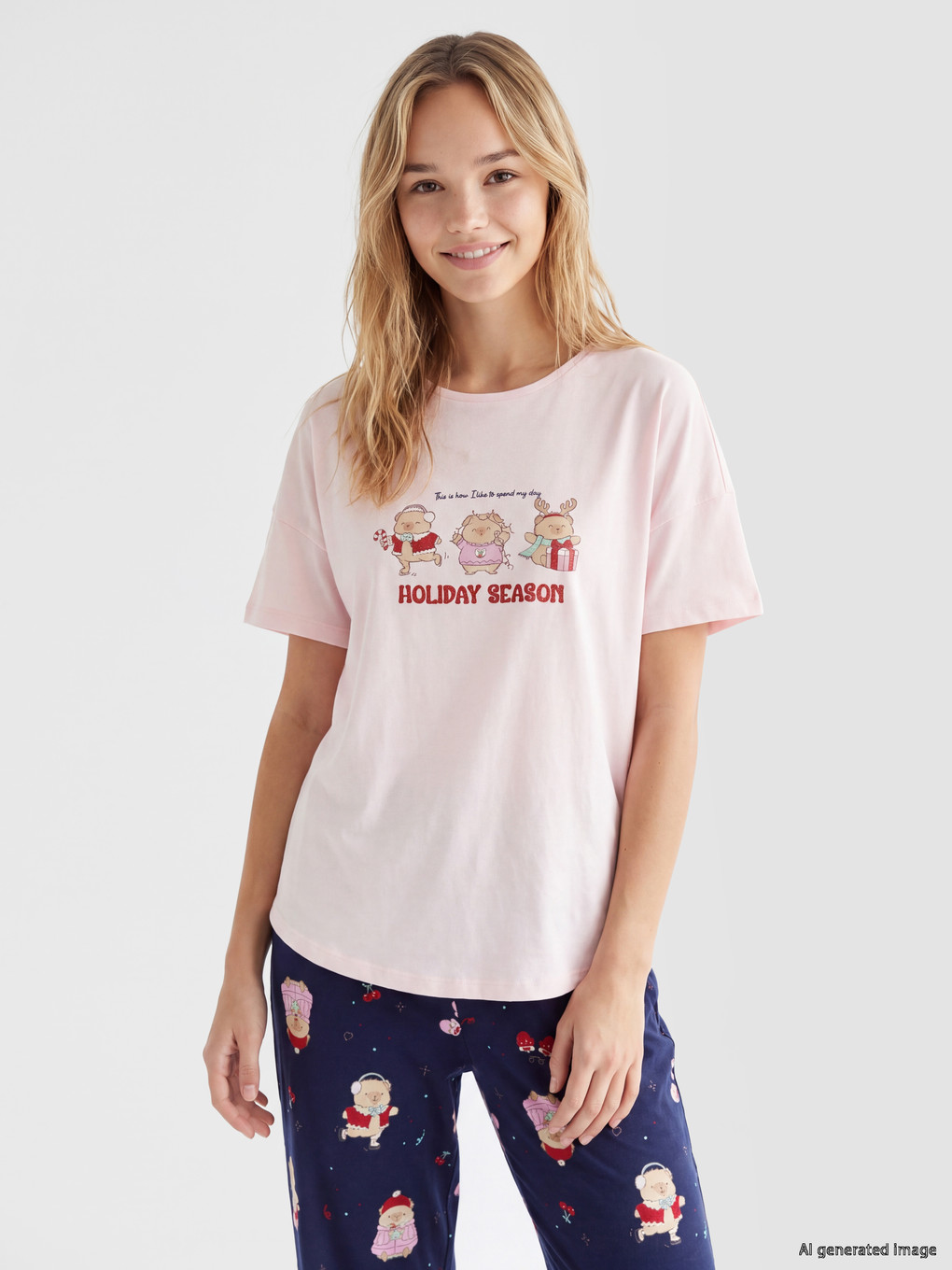 Lacivert Yılbaşı Temalı Kadın Pijama Takım-1
